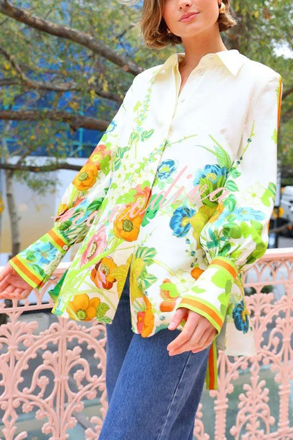 Antibes Satin Floral Print Back Tie-up Button Down Oversized Blouse