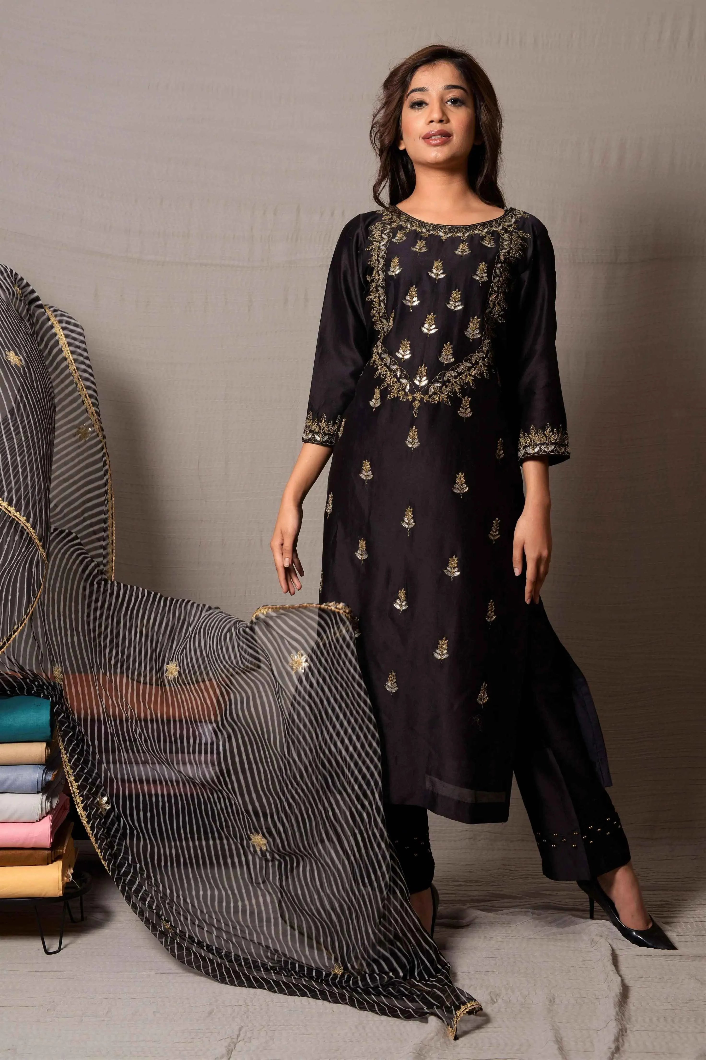 Black Gota Work Kurta and Pants with Leheriya Dupatta