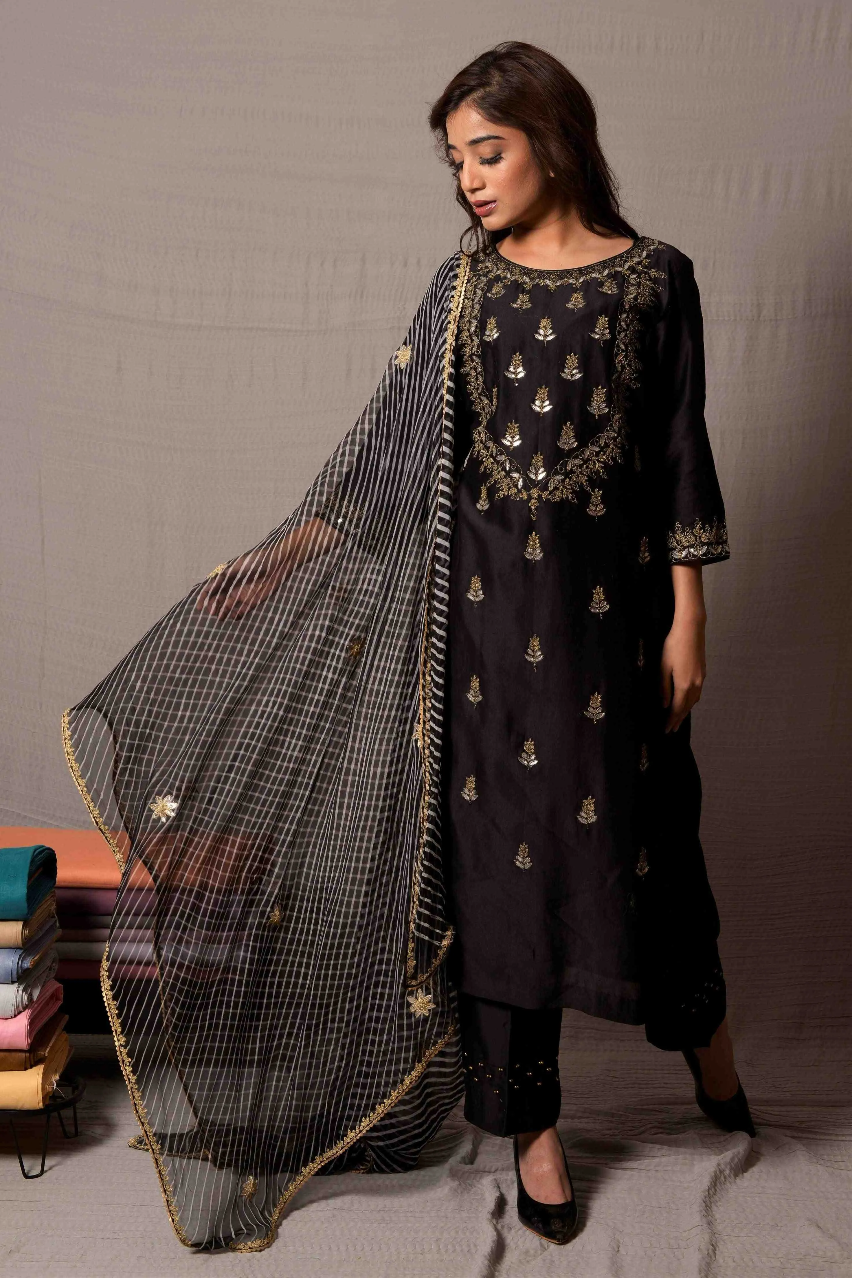 Black Gota Work Kurta and Pants with Leheriya Dupatta