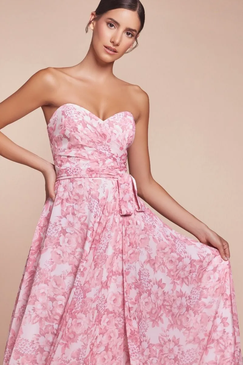 CASSIE GOWN - ROSE - STRAPLESS A-LINE FLORAL SATIN CHIFFON DRESS