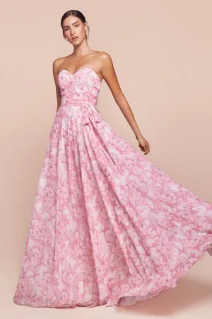 CASSIE GOWN - ROSE - STRAPLESS A-LINE FLORAL SATIN CHIFFON DRESS