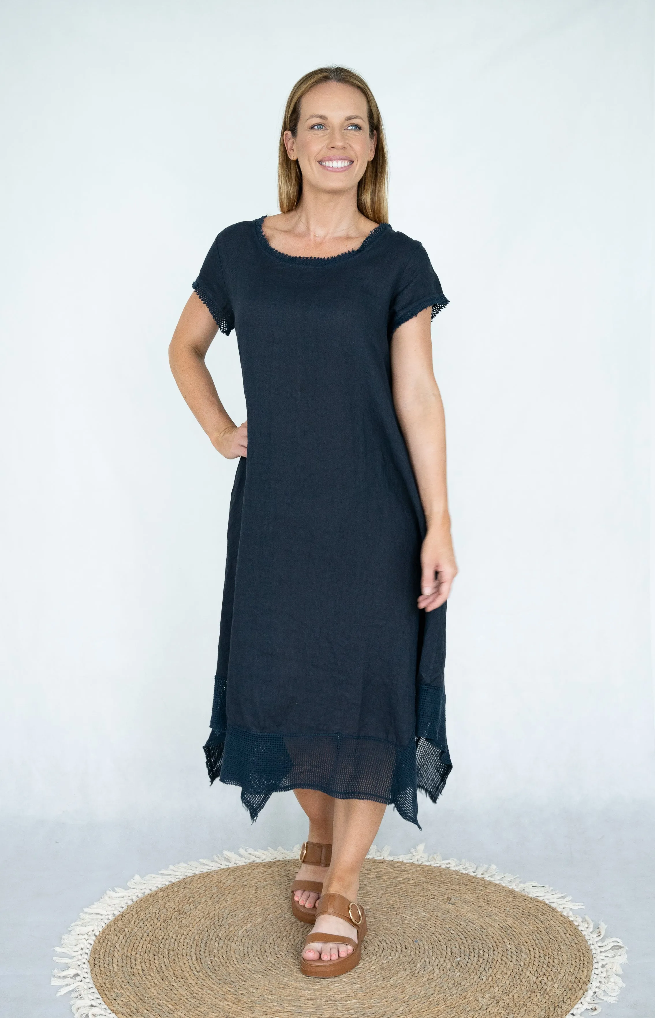 Cielo di Milano Linen Mesh Hem Detail Short Sleeve Dress Khaki S