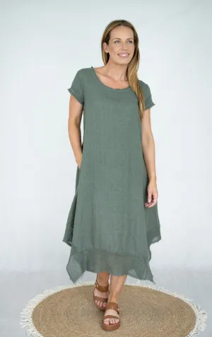Cielo di Milano Linen Mesh Hem Detail Short Sleeve Dress Khaki S
