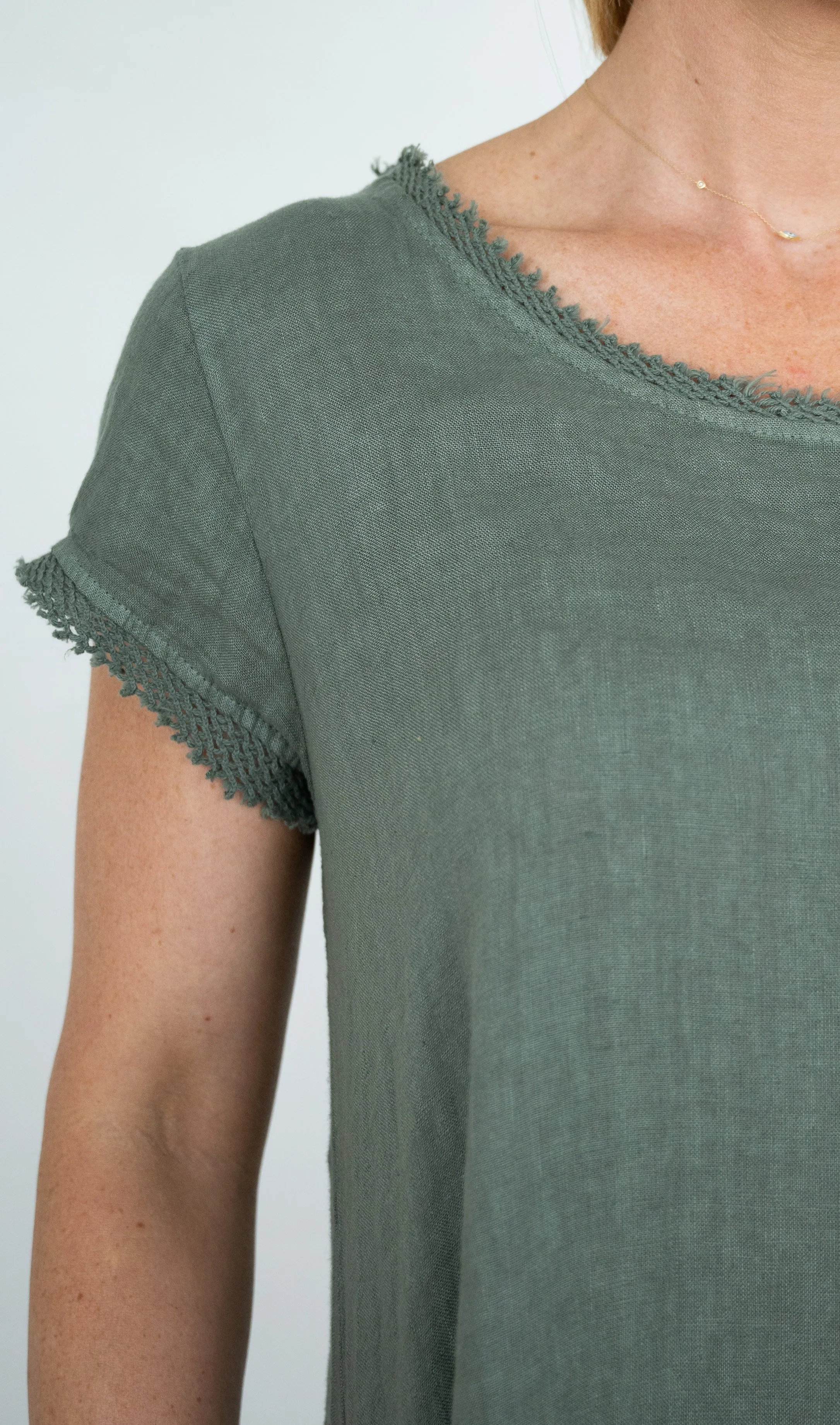 Cielo di Milano Linen Mesh Hem Detail Short Sleeve Dress Khaki S