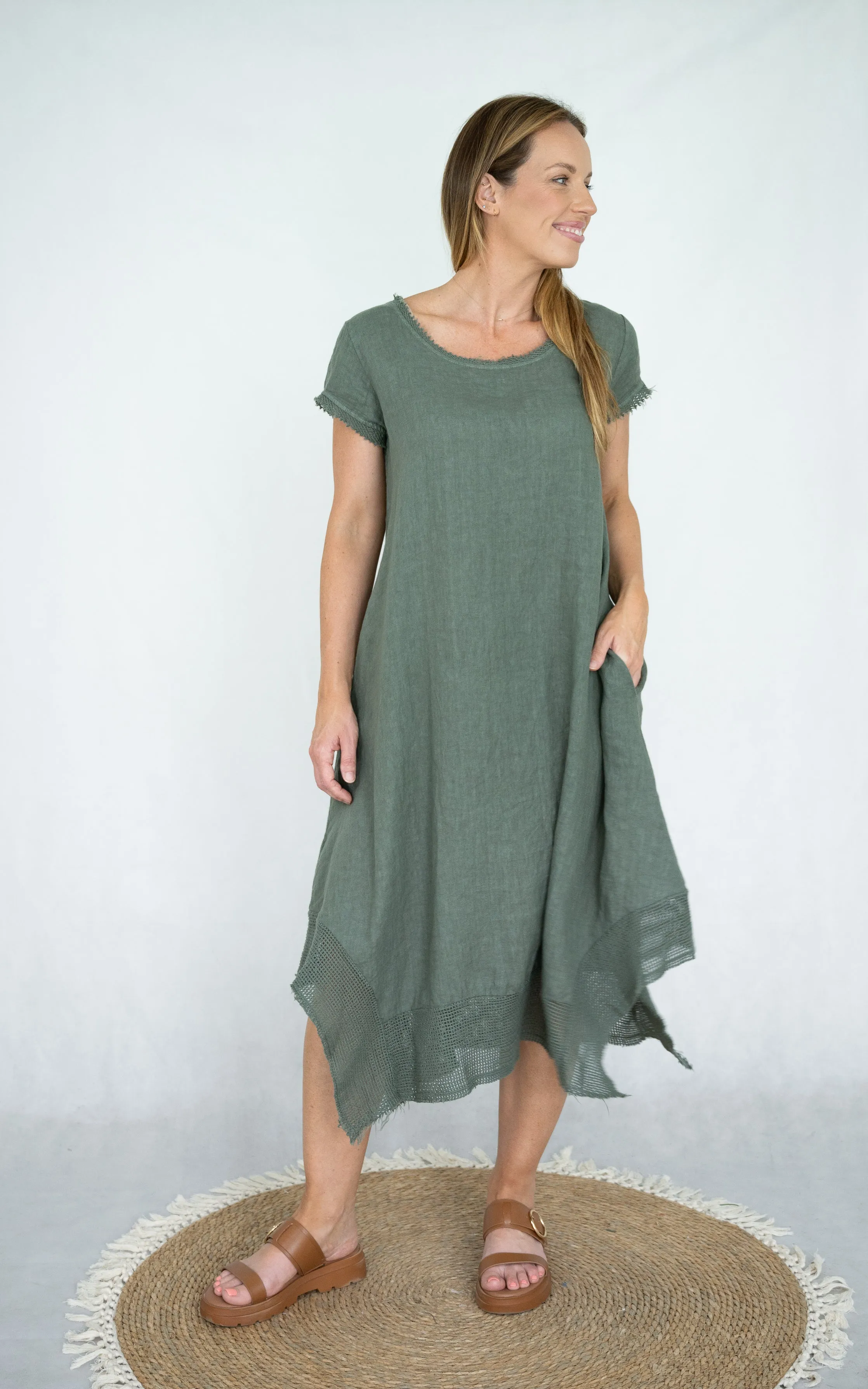Cielo di Milano Linen Mesh Hem Detail Short Sleeve Dress Khaki S