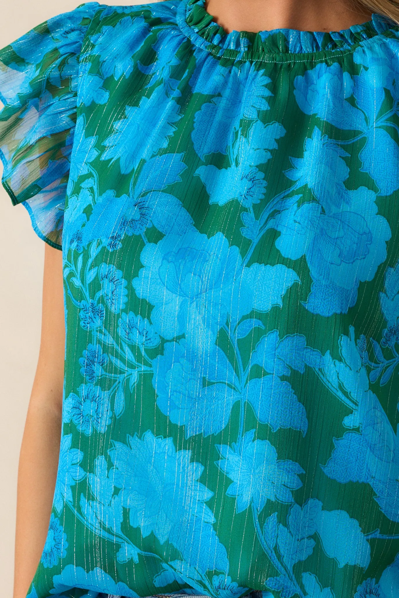 Enchanted Beams Blue Floral Flutter Sleeve Blouse