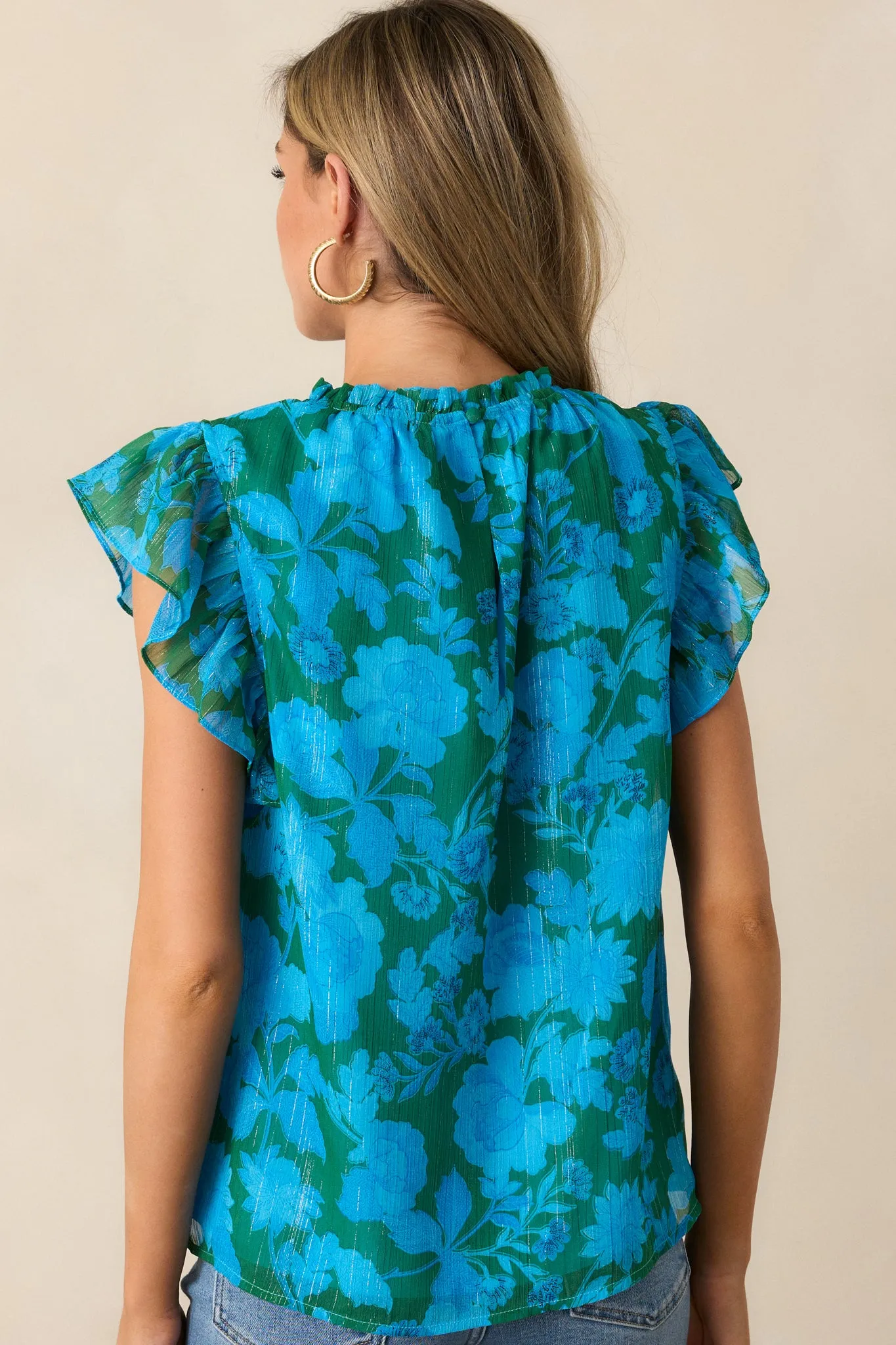 Enchanted Beams Blue Floral Flutter Sleeve Blouse