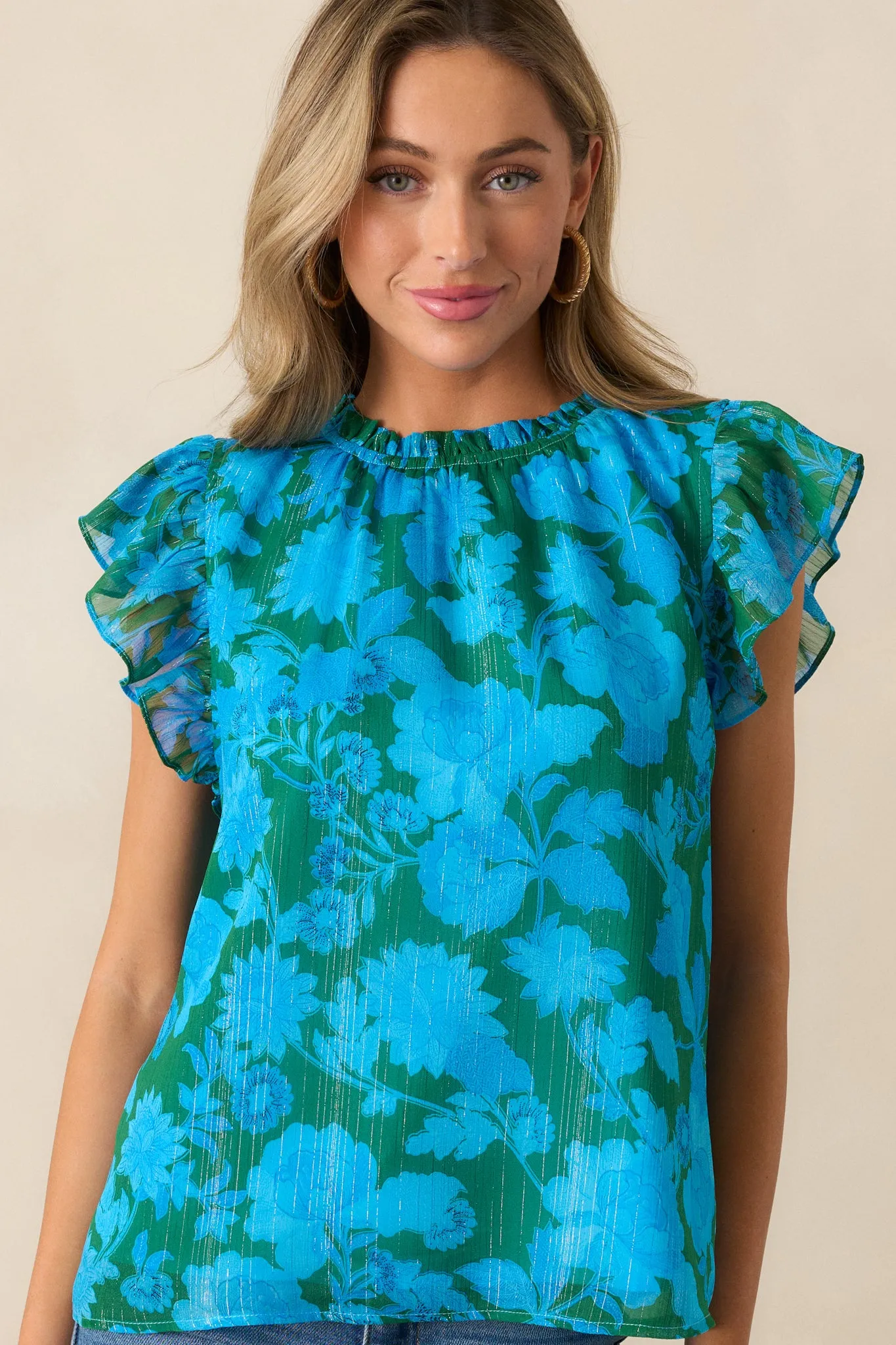 Enchanted Beams Blue Floral Flutter Sleeve Blouse