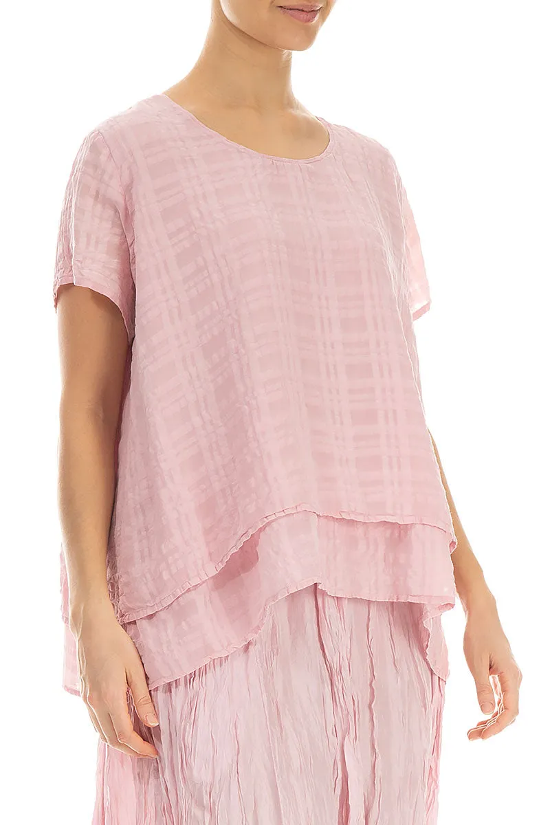 Layered Powder Pink Checkered Silk Cotton Blouse