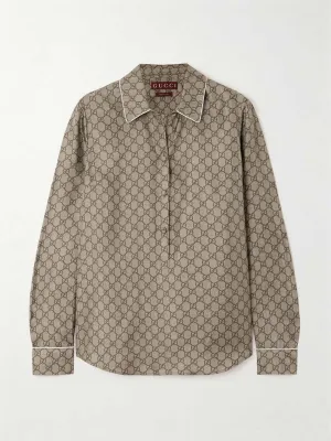 Monogram-print silk-satin shirt