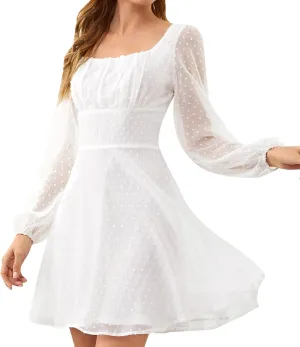 Petite Dresses for Women 2025 Summer Swiss Dots Mesh Long Sleeve Square Neck Mini Dress Empire Waist Short Cute Dress