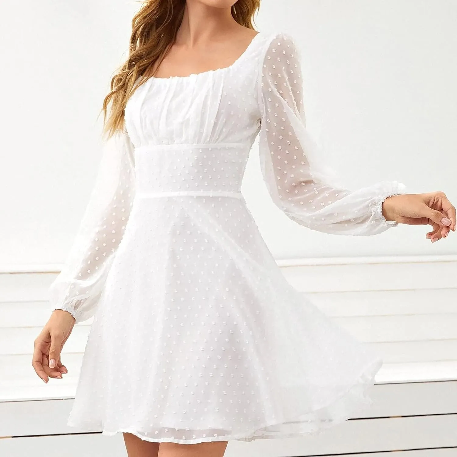 Petite Dresses for Women 2025 Summer Swiss Dots Mesh Long Sleeve Square Neck Mini Dress Empire Waist Short Cute Dress