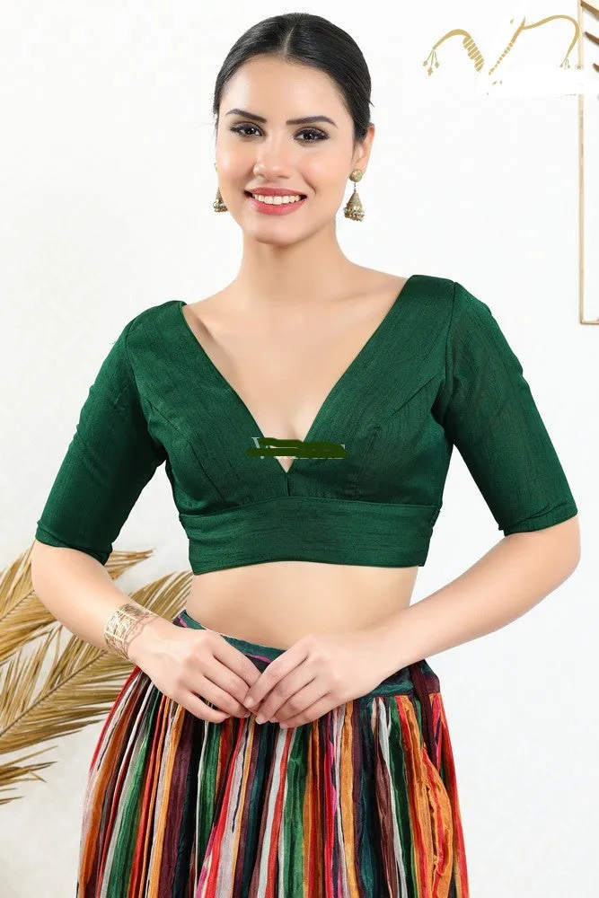 Readymade Silk Padded Back Open Elbow Sleeves Bottle Green Saree Blouse