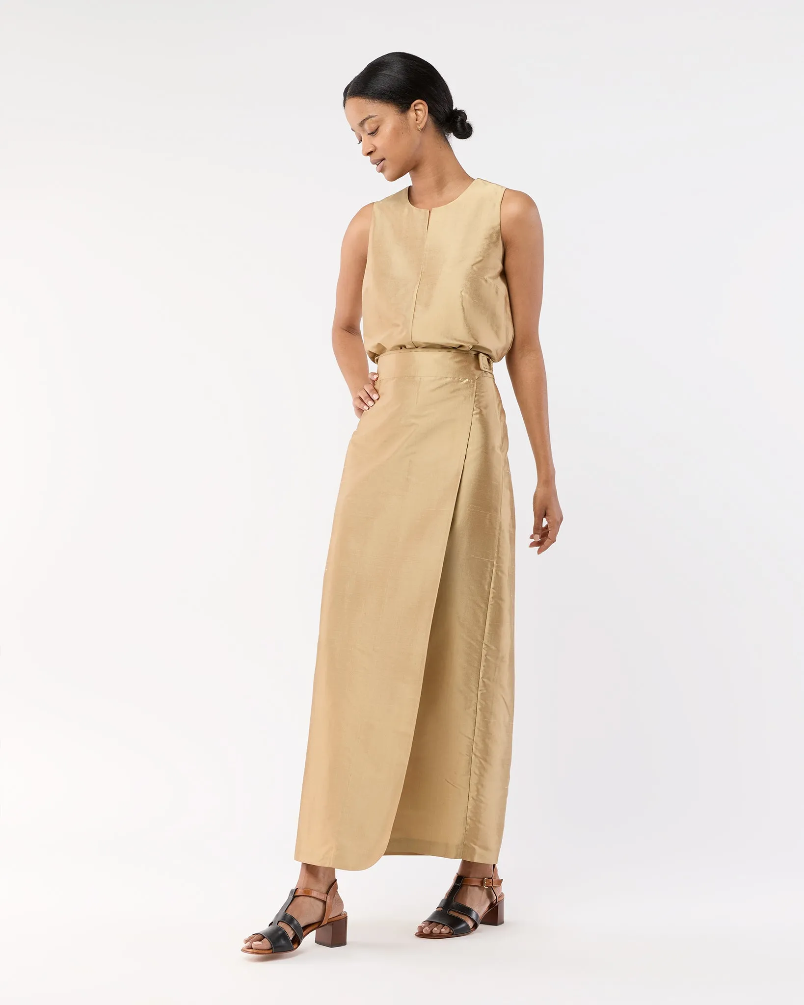 Renata Wrap Skirt in Tan Silk Shantung