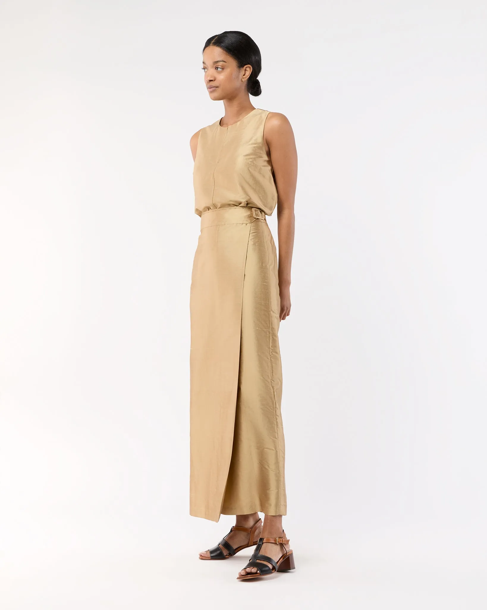 Renata Wrap Skirt in Tan Silk Shantung