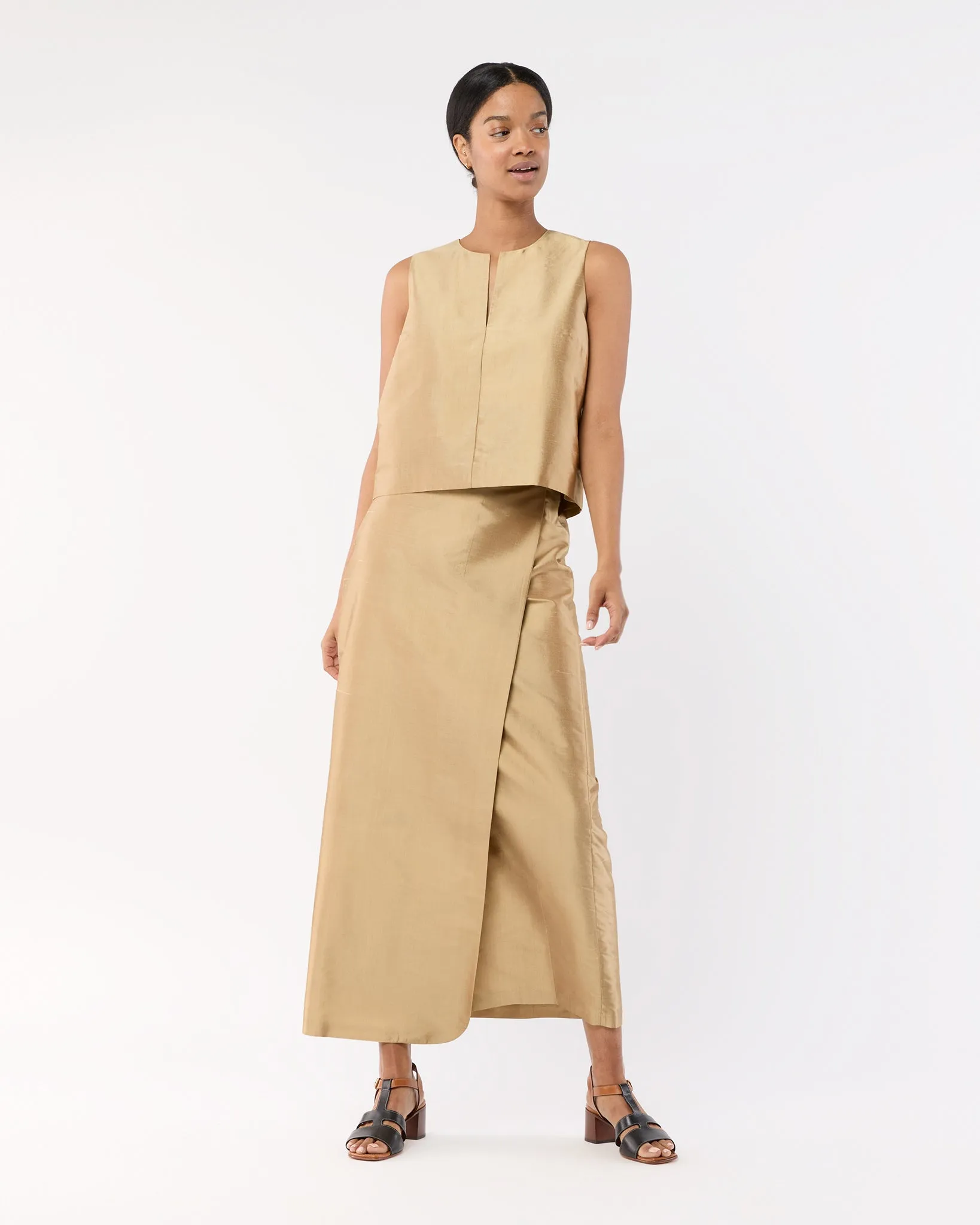 Renata Wrap Skirt in Tan Silk Shantung