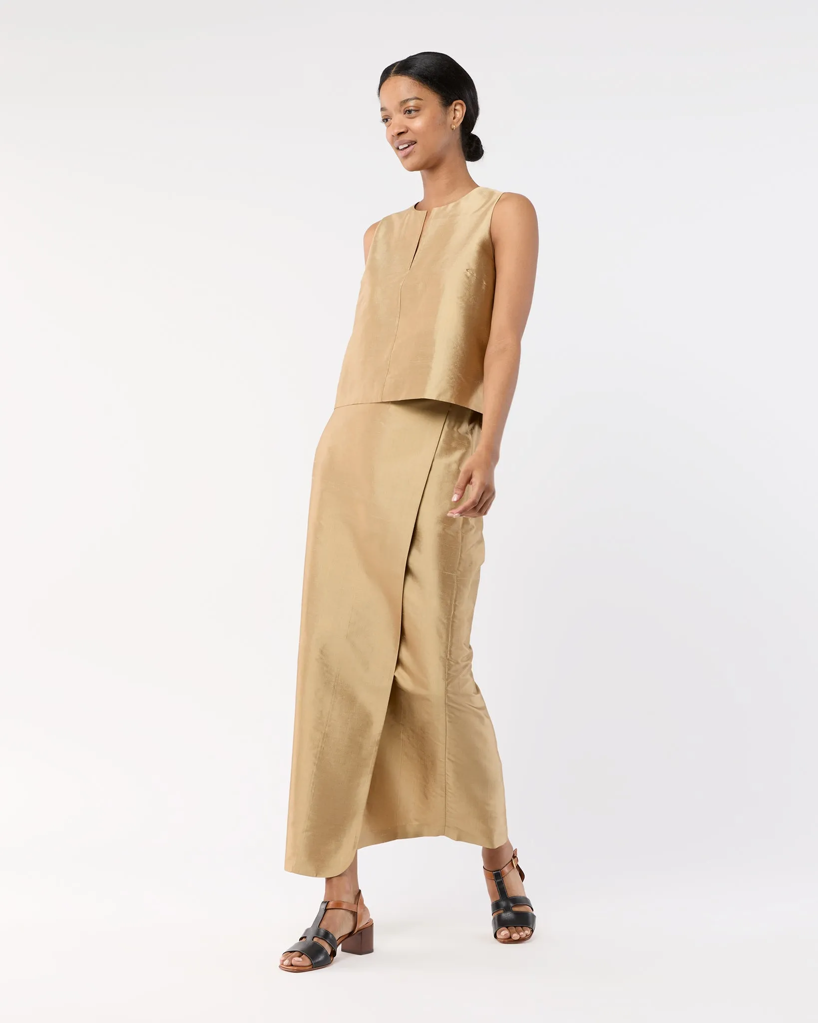 Renata Wrap Skirt in Tan Silk Shantung