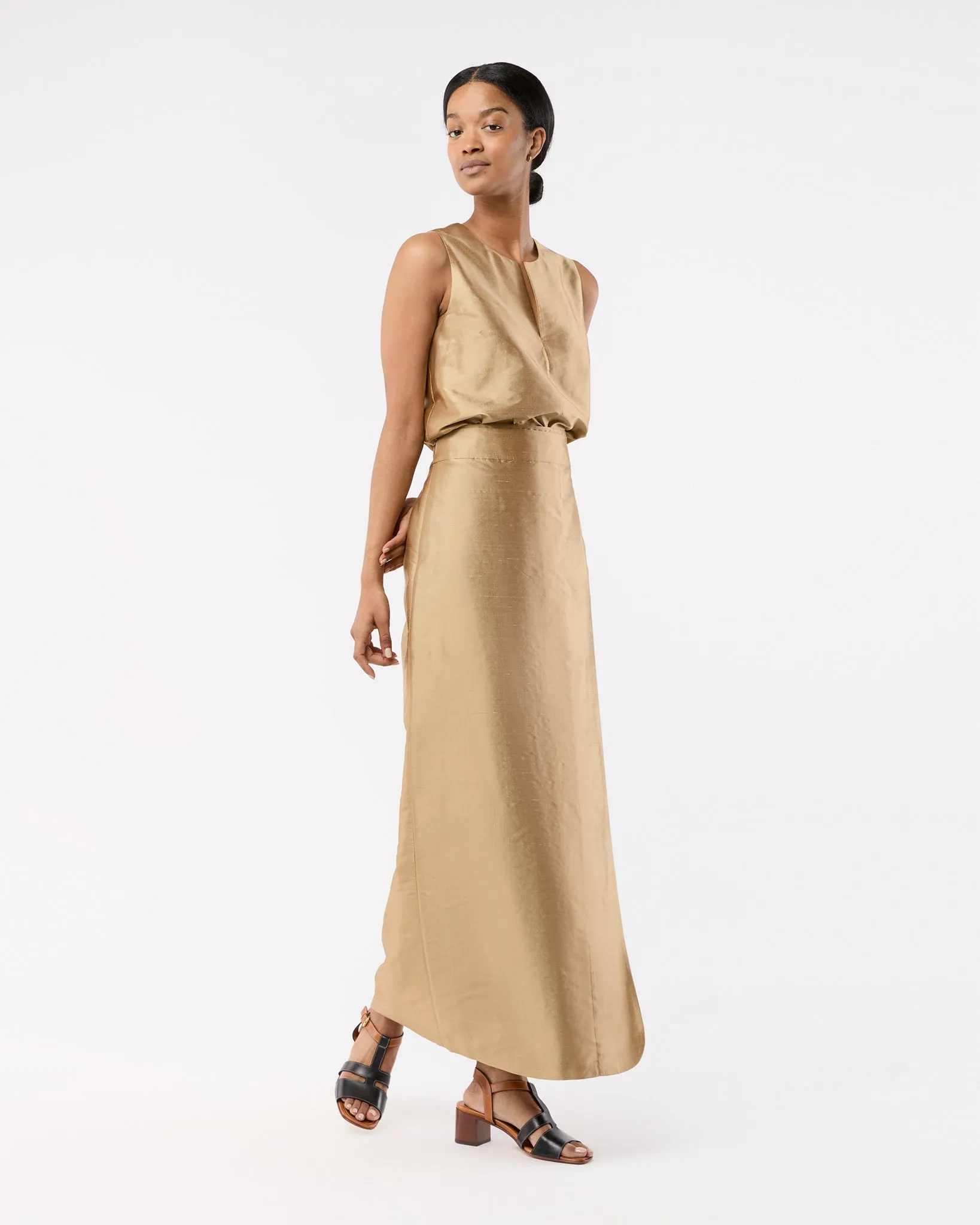 Renata Wrap Skirt in Tan Silk Shantung
