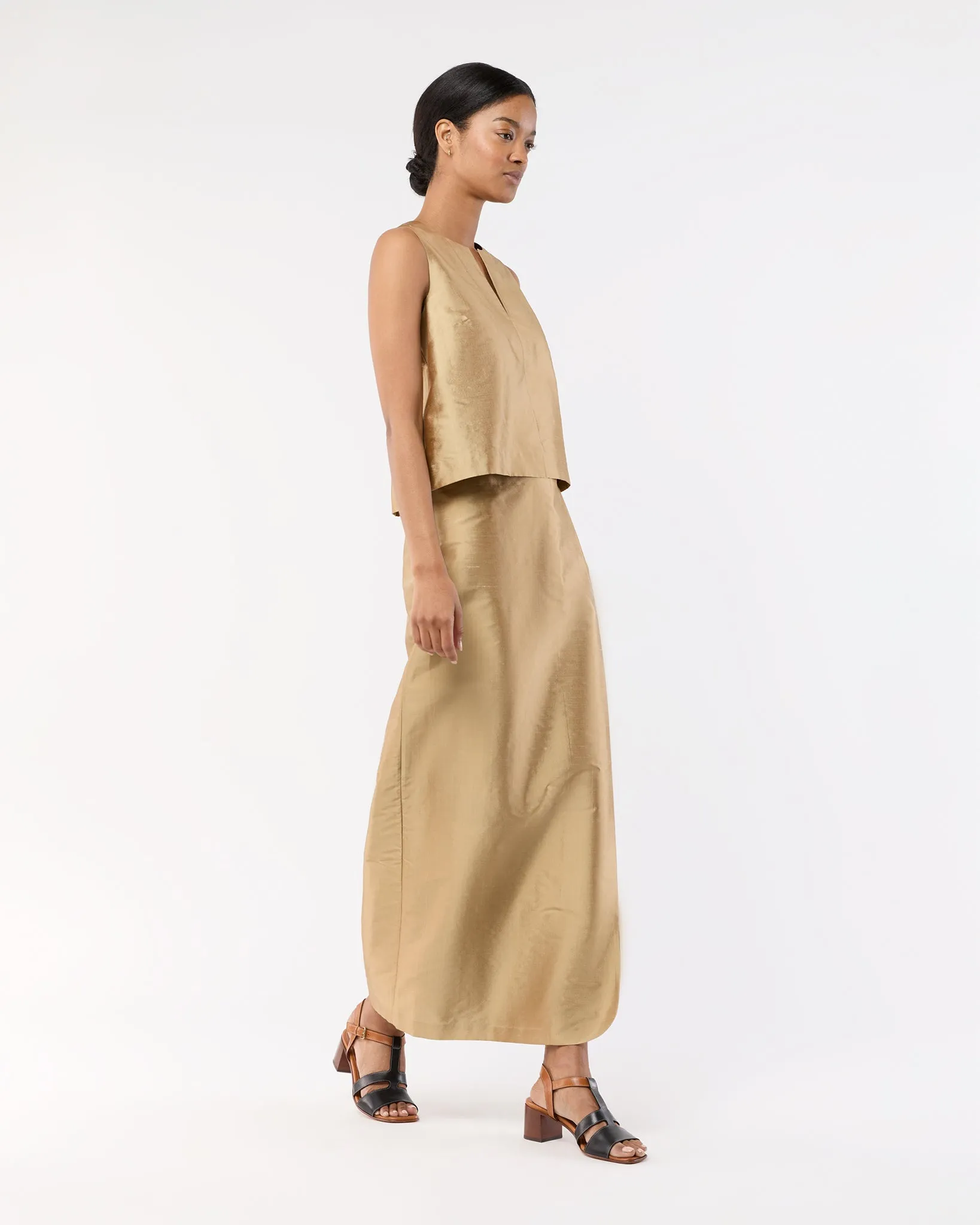 Renata Wrap Skirt in Tan Silk Shantung
