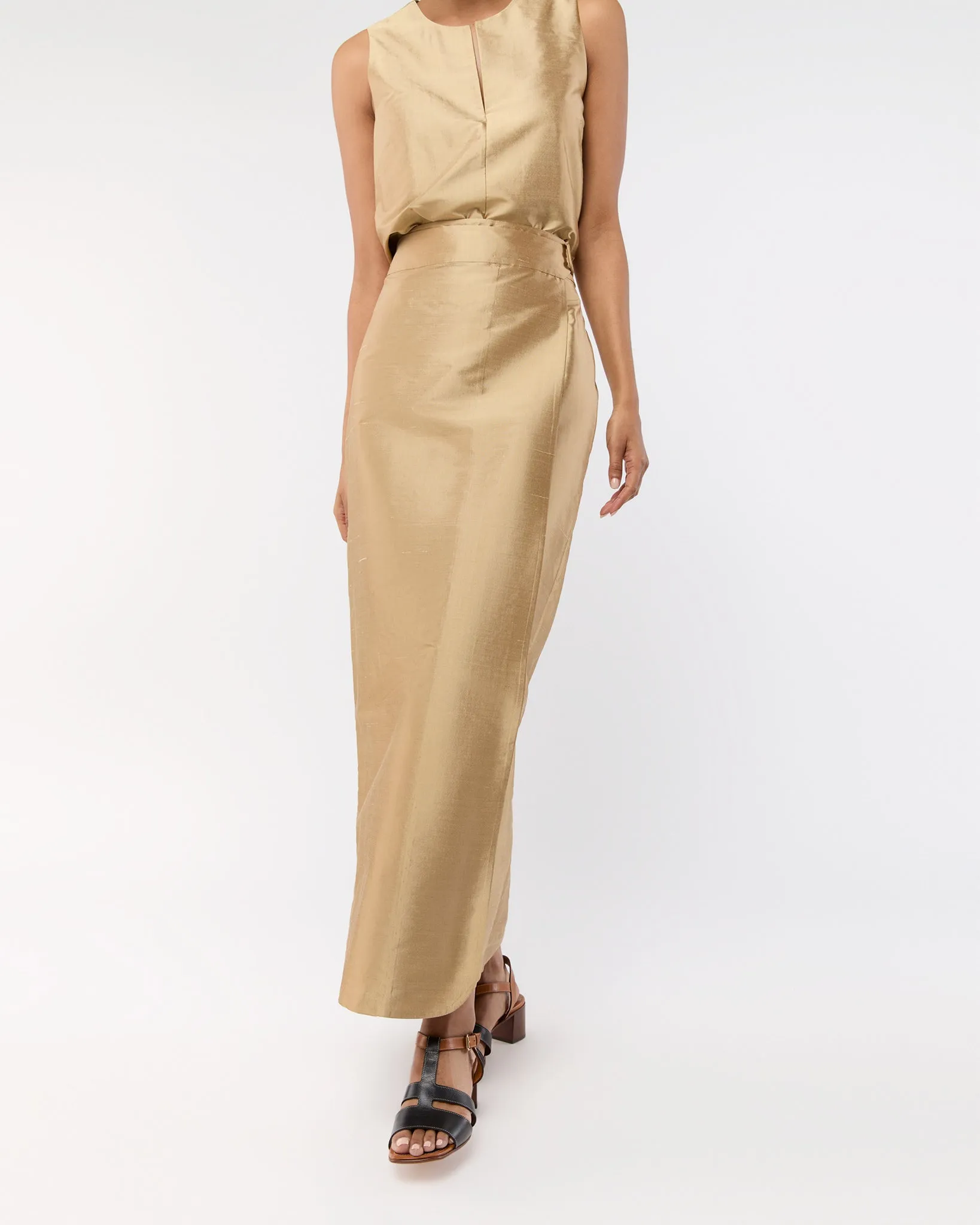 Renata Wrap Skirt in Tan Silk Shantung