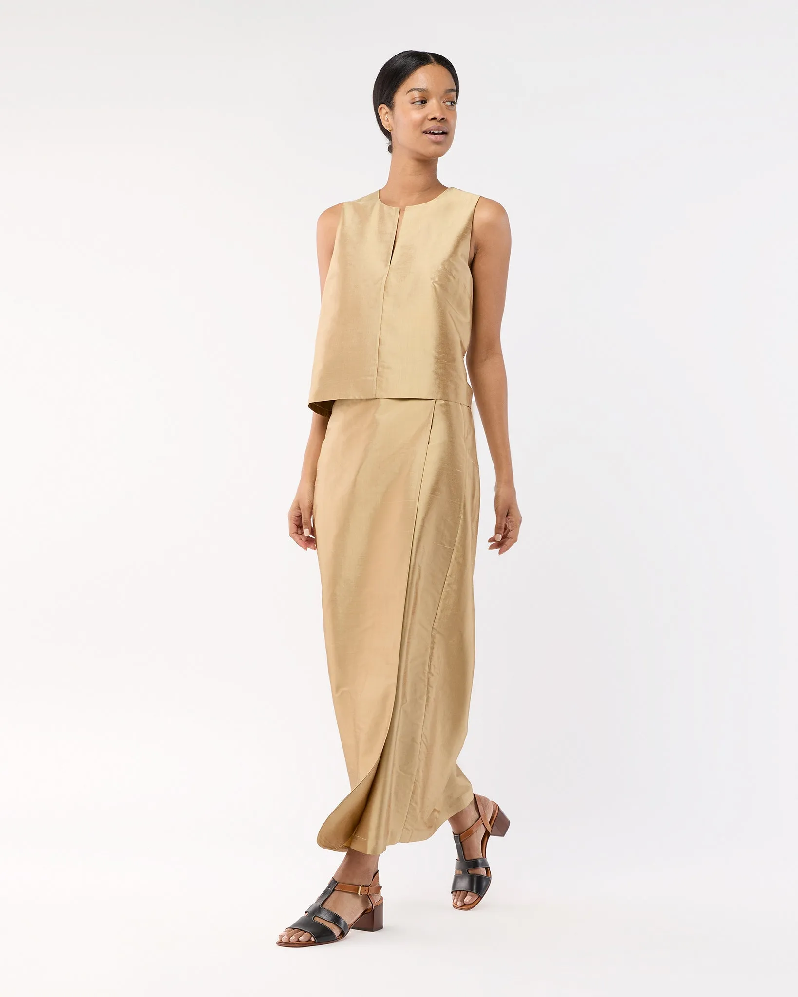 Renata Wrap Skirt in Tan Silk Shantung