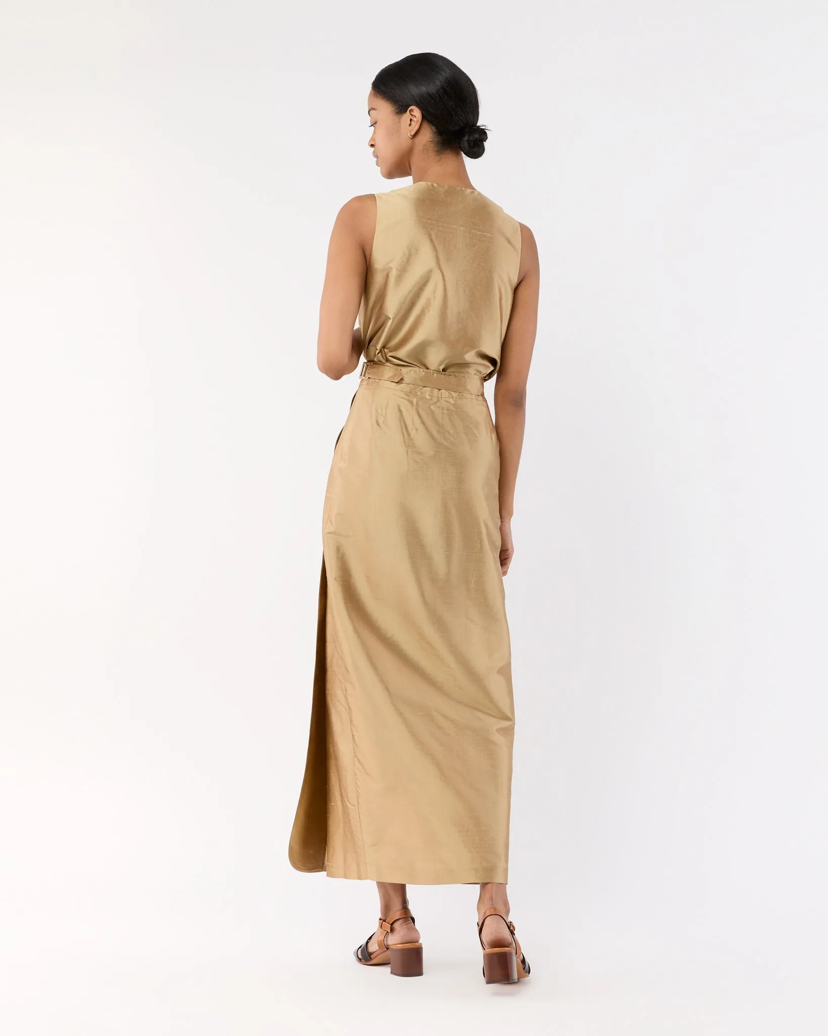 Renata Wrap Skirt in Tan Silk Shantung
