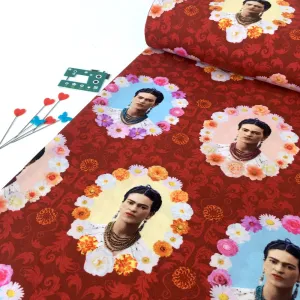 Robert Kaufman Licensed Frida Kahlo Flower Frames Red (Per Metre)