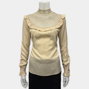 Saint Laurent Women's Beige Silk Blouse With Lace and Ruffles