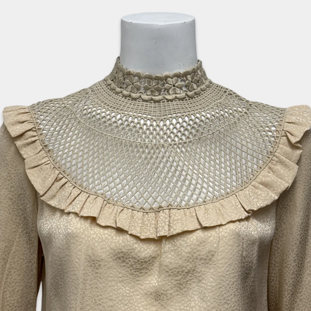 Saint Laurent Women's Beige Silk Blouse With Lace and Ruffles