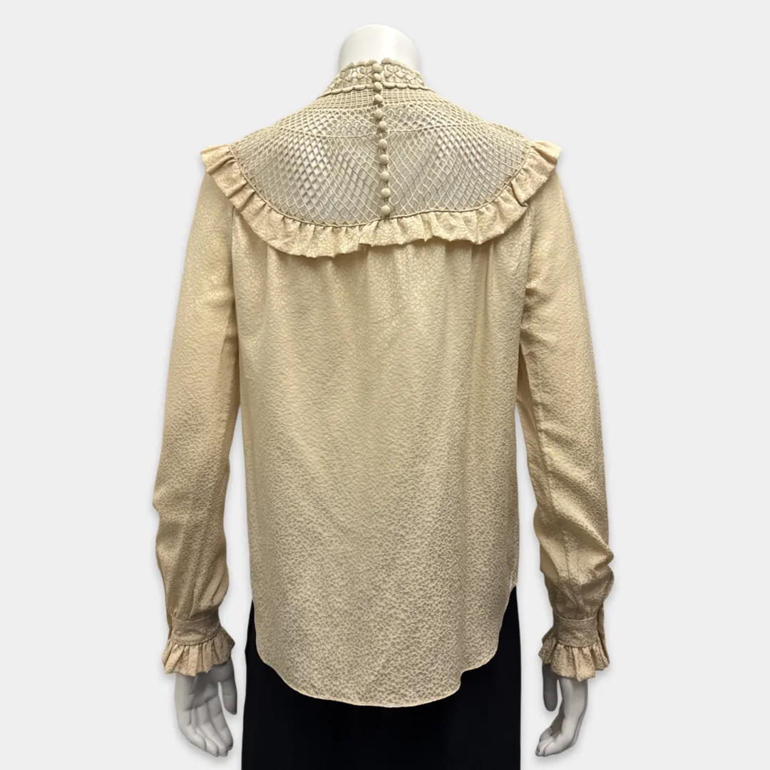 Saint Laurent Women's Beige Silk Blouse With Lace and Ruffles