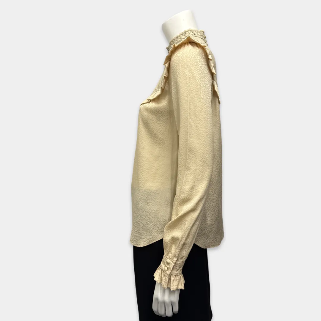 Saint Laurent Women's Beige Silk Blouse With Lace and Ruffles