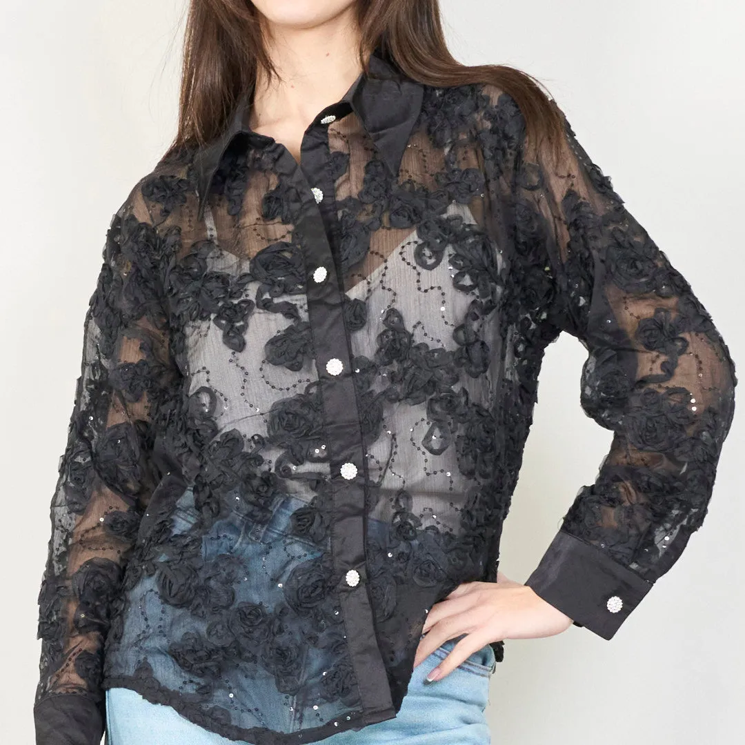 Sheer floral lace blouse with button-up closure wholesale