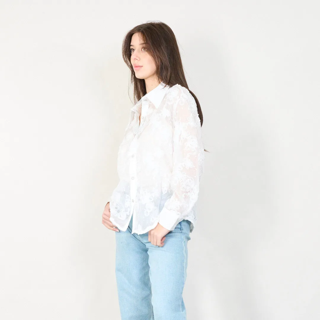 Sheer floral lace blouse with button-up closure wholesale
