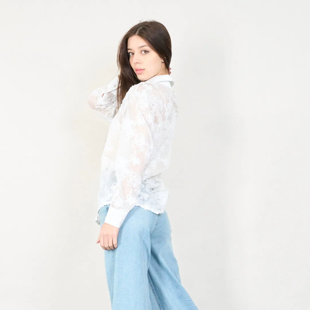 Sheer floral lace blouse with button-up closure wholesale