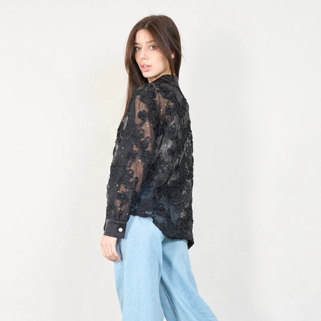 Sheer floral lace blouse with button-up closure wholesale