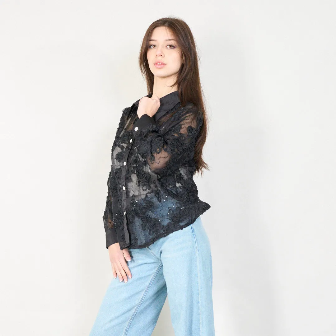 Sheer floral lace blouse with button-up closure wholesale
