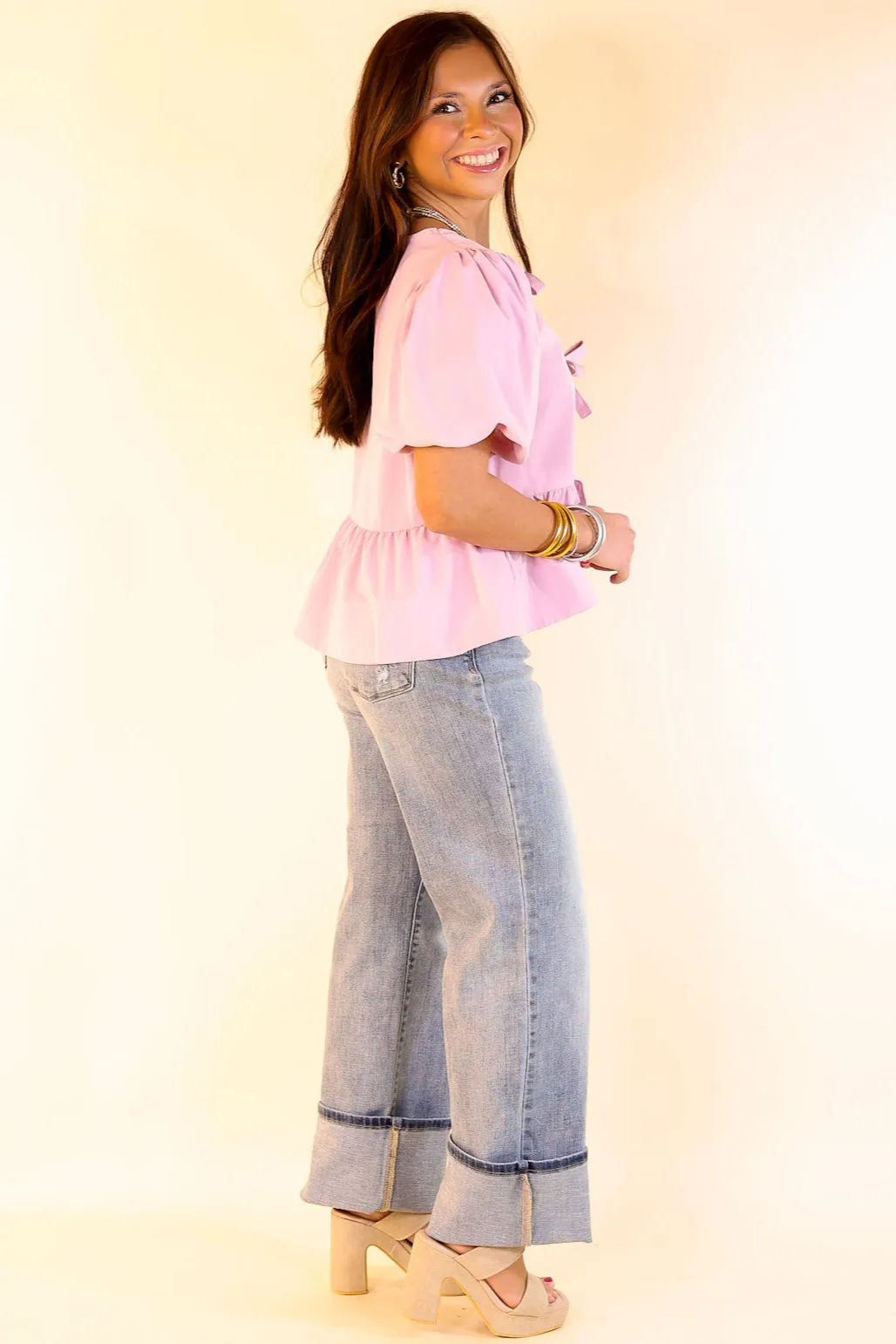 Simply Stunning Short Puff Sleeve Top with Bow Tie Detailing in Baby Pink
