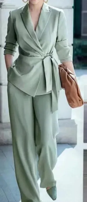Sophisticated Lapel Neck Blazer Wide Leg Pants Suit for Professionals