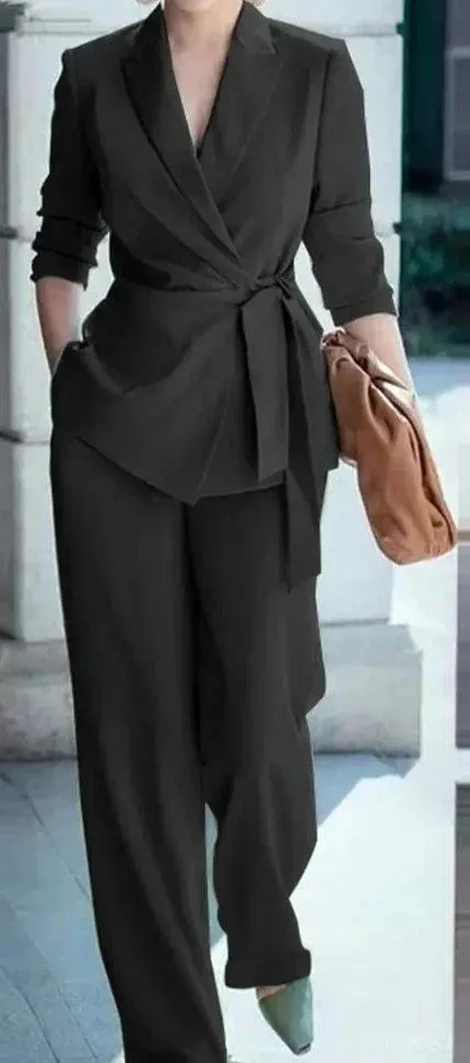 Sophisticated Lapel Neck Blazer Wide Leg Pants Suit for Professionals