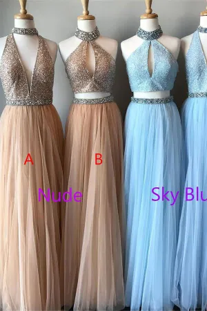 Sparkly Flowy A-line Long Sleeves Beaded Tulle Graduation Dress Prom Dress