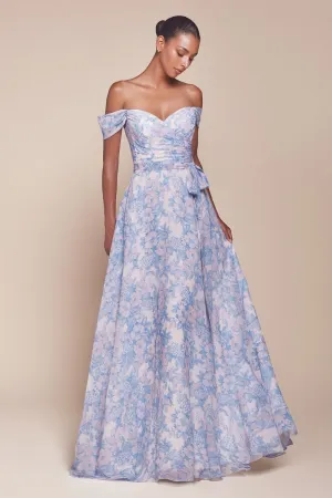TILDA GOWN - BLUE - OFF THE SHOULDER FLORAL PRINTED A-LINE DRESS