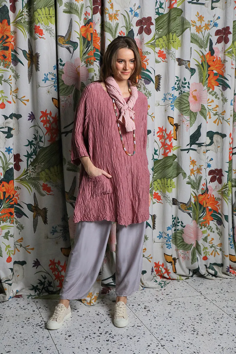 Two Pockets Crinkled Mauve Taupe Silk Linen Tunic