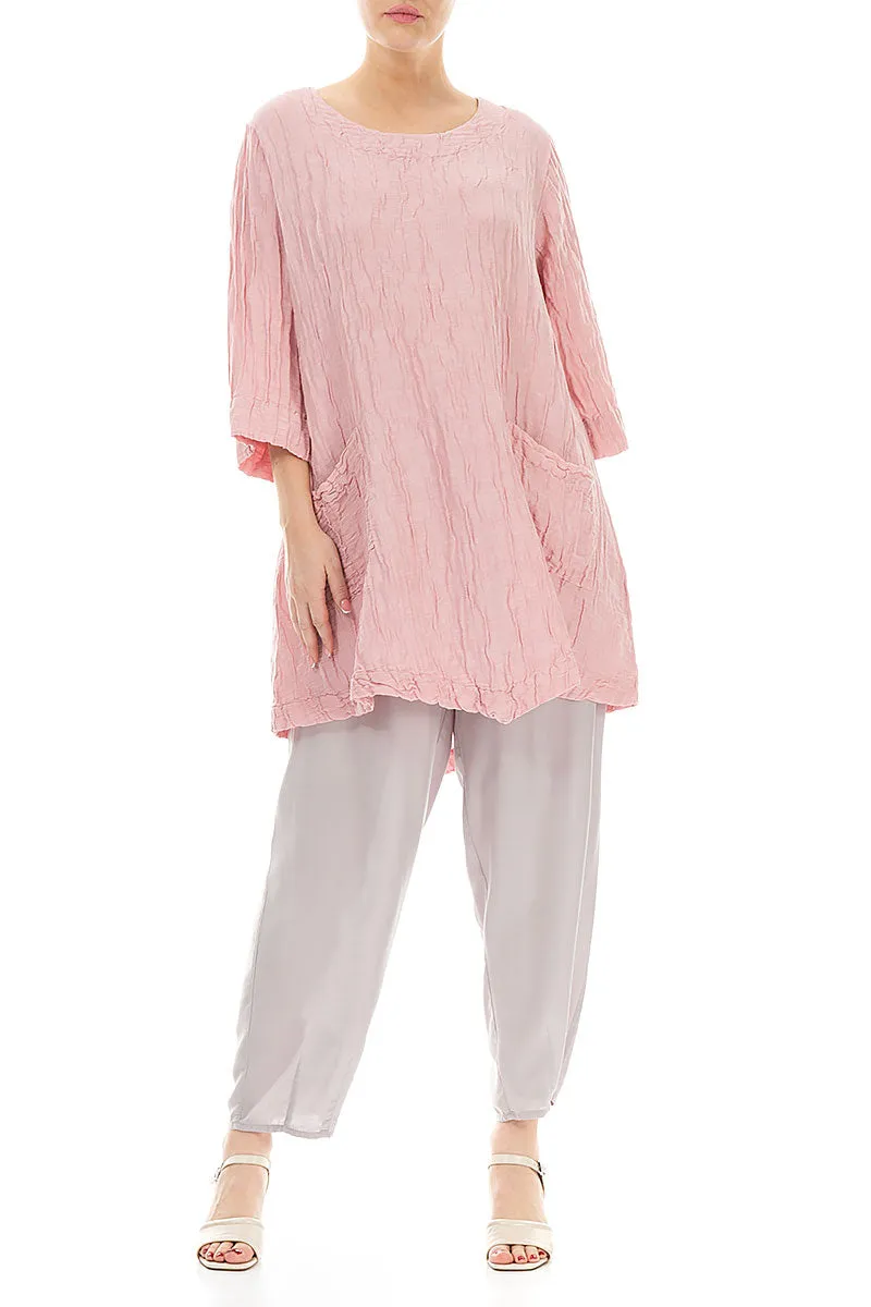 Two Pockets Crinkled Powder Pink Silk Linen Tunic