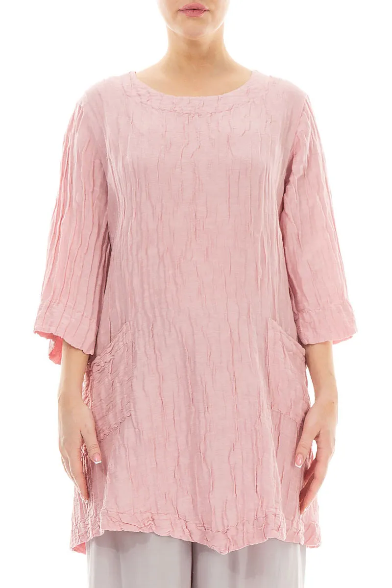 Two Pockets Crinkled Powder Pink Silk Linen Tunic