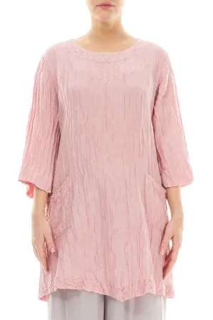 Two Pockets Crinkled Powder Pink Silk Linen Tunic