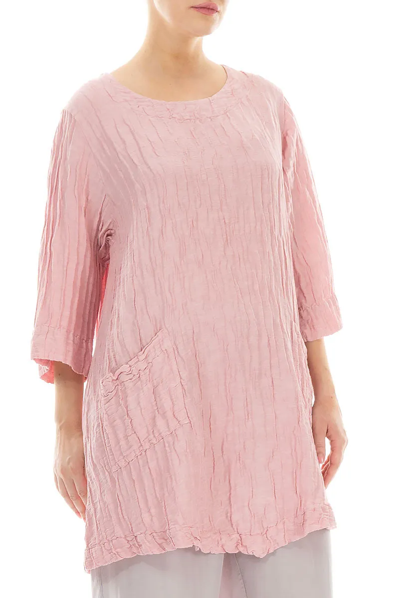 Two Pockets Crinkled Powder Pink Silk Linen Tunic