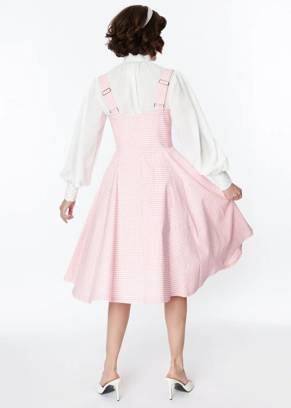 Unique Vintage Suspender Gingham 60's Swing Skirt Pink White