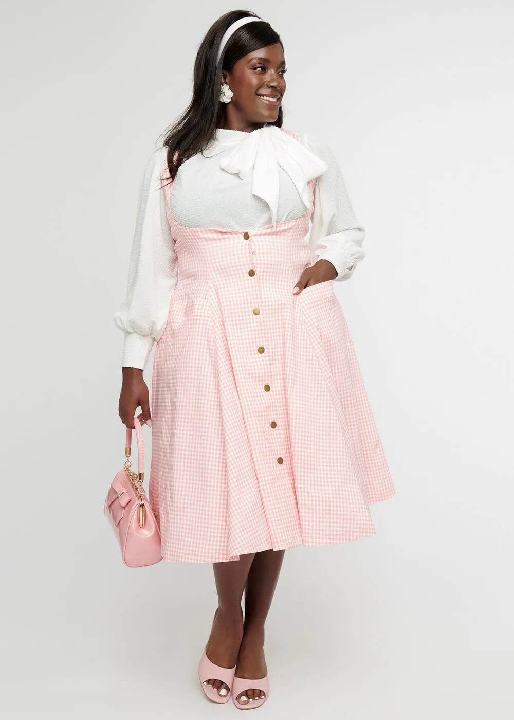 Unique Vintage Suspender Gingham 60's Swing Skirt Pink White
