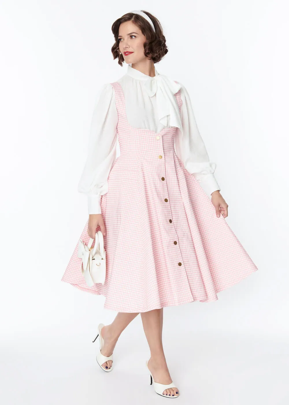 Unique Vintage Suspender Gingham 60's Swing Skirt Pink White