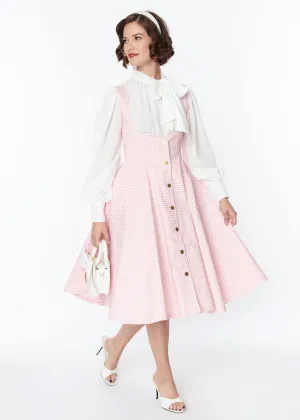 Unique Vintage Suspender Gingham 60's Swing Skirt Pink White